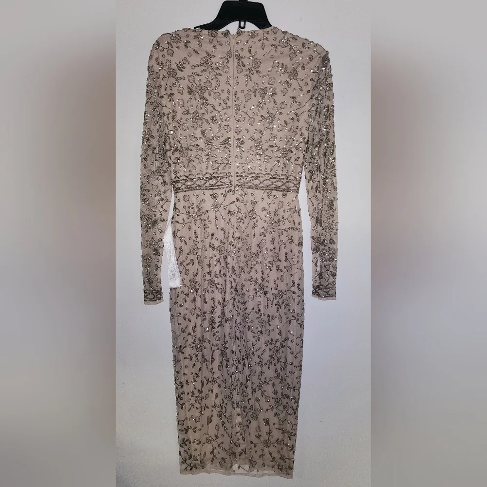 Mac Duggal Beige Beaded Tea Length Dress w/ Sheer Sleeves - Picture 5 of 6